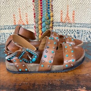 Jo Ghost turquoise and chrome studded brown leather sandals. New with tags.